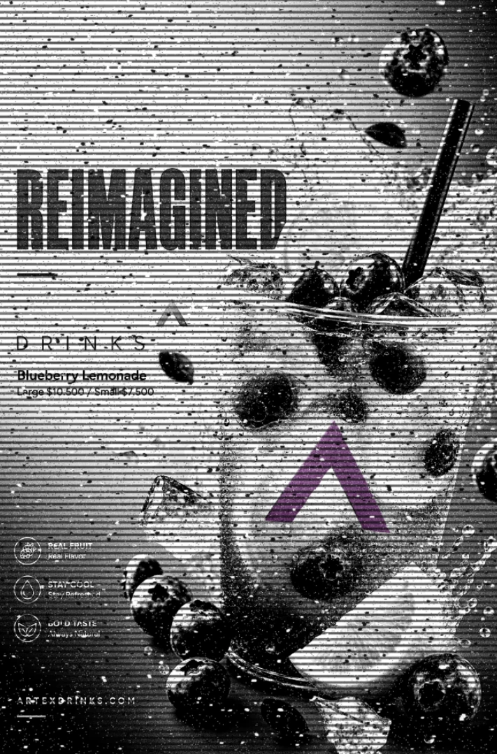 Artex Drinks poster: a blueberry lemonade splashing out of a cup under the headline Reimagined