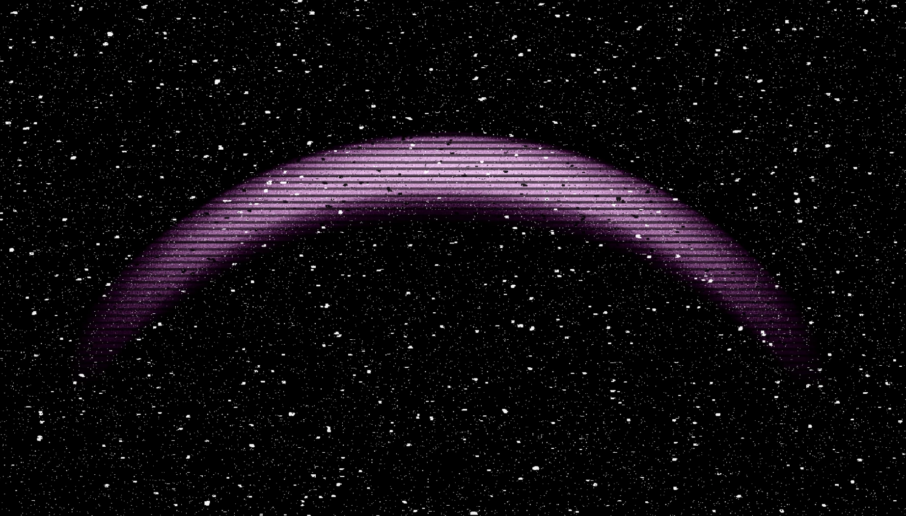 A scan-lined violet arch over a field of white specks