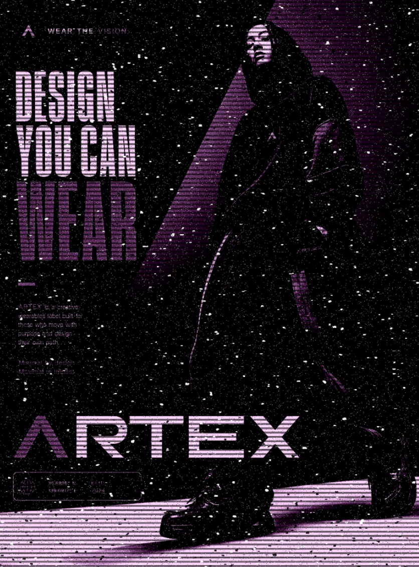 Artex apparel poster: a figure in a hooded coat under the headline Design you can wear