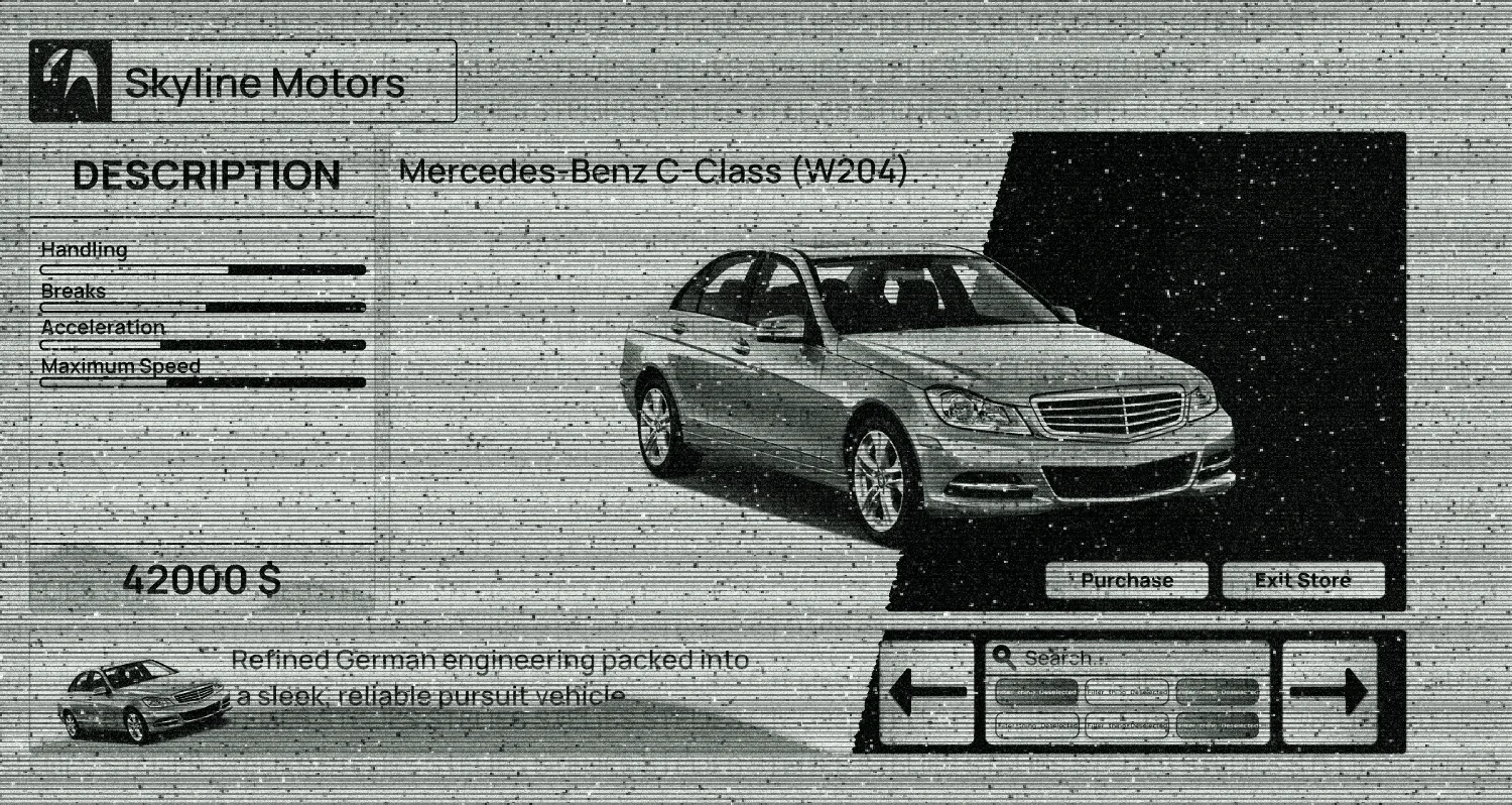 Roblox UI design of a car store screen with stat bars, a price, and purchase and exit buttons