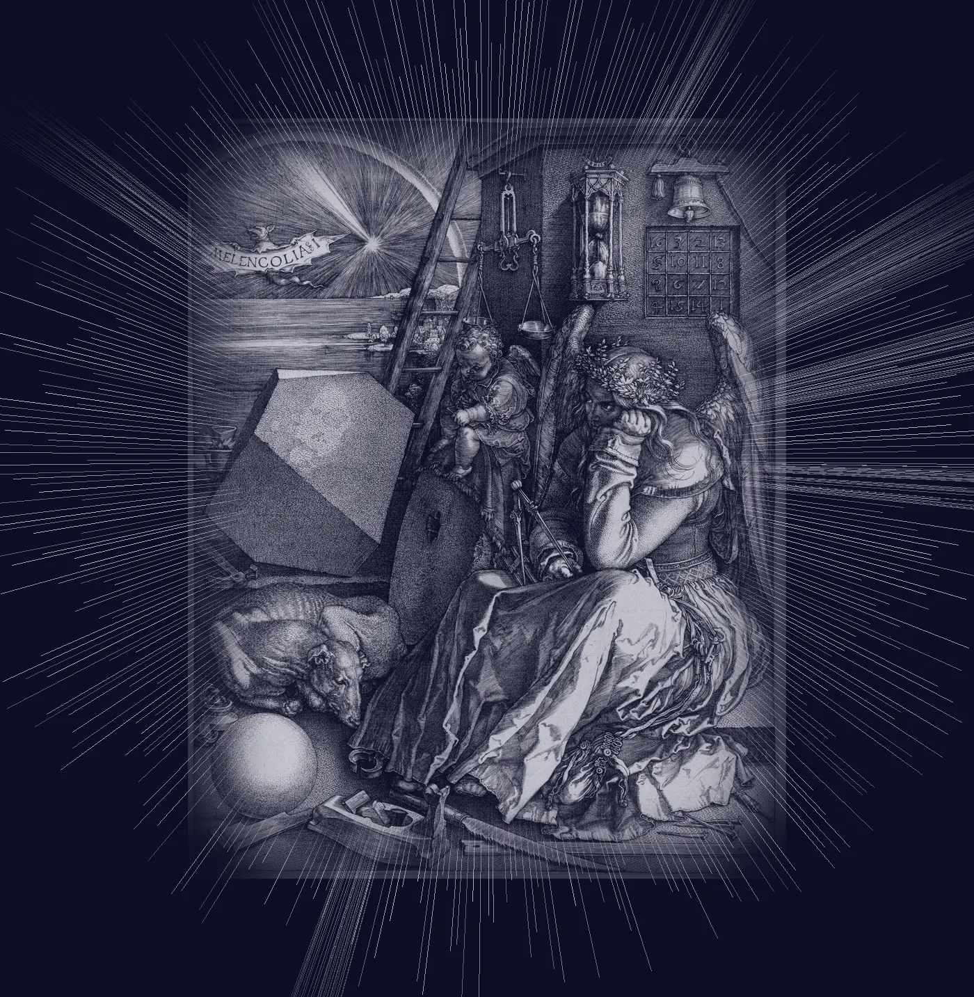 Engraving of a seated figure lost in thought, surrounded by unfinished tools, with rays radiating outward