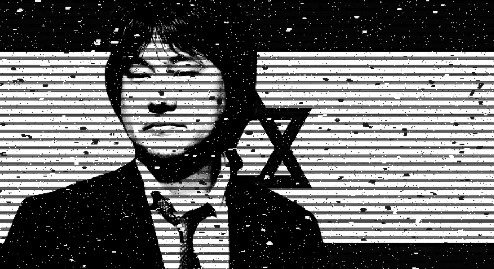 Black and white scan-lined portrait in front of a striped flag with a star outline