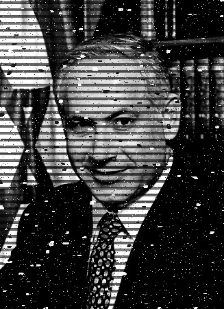 Halftone, scan-lined portrait of a man in a suit and tie